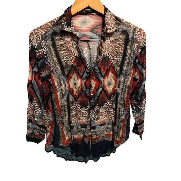 Zara Basic Aztec style Button Down long sleeve womens size Small Multicolor - Picture 1 of 12
